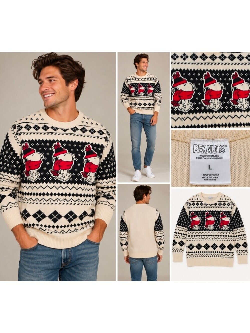 Peanuts Snoopy Christmas Sweater Men’s Large Fair Isle Holiday Nordic Crewneck
